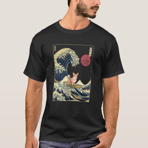 Tri Color Corgi Japanese Kanagawa Wave  Surf Dog T_Shirt