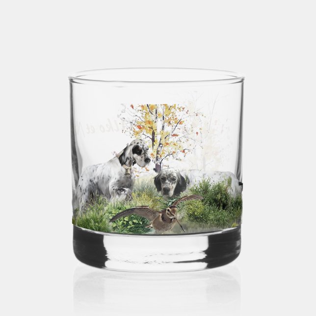 Tri Color English Setters Art, woodcock Hunting Whiskey Glass (Front)