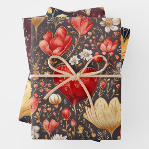 Tri-Color Floral & Gold Valentines Hearts Wrapping Paper Sheets