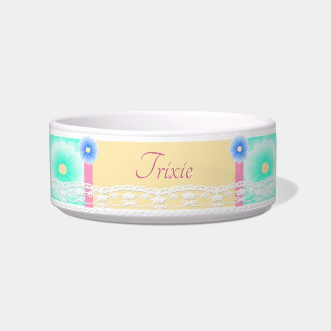 Tri-Color Pastel Floral Personalized Lace Pet Bowl (Front)