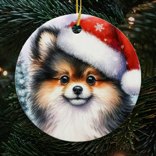 Tri Color Pomeranian Watercolor Christmas Ceramic Ornament