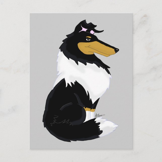 Tri-color Rough Collie Cartoon Postcard (Front)