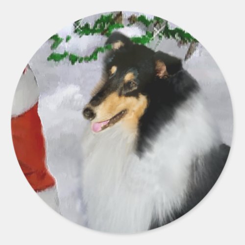 Tri_Color Rough Collie Christmas Gifts Classic Round Sticker