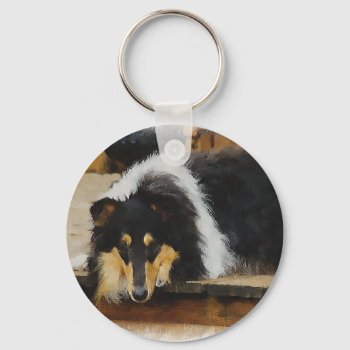 Tri Color  Rough Collie Gifts Art Keychain by DogsByDezign at Zazzle