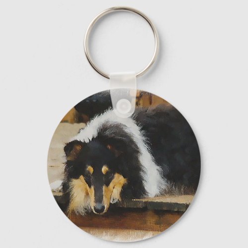 Tri Color  Rough Collie Gifts Art Keychain