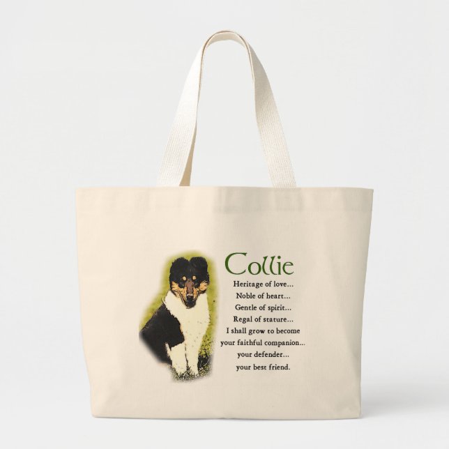 Tri Color Rough Collie Gifts Large Tote Bag (Front)