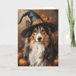 Tri-Color Sheltie Witch Halloween Holiday Card