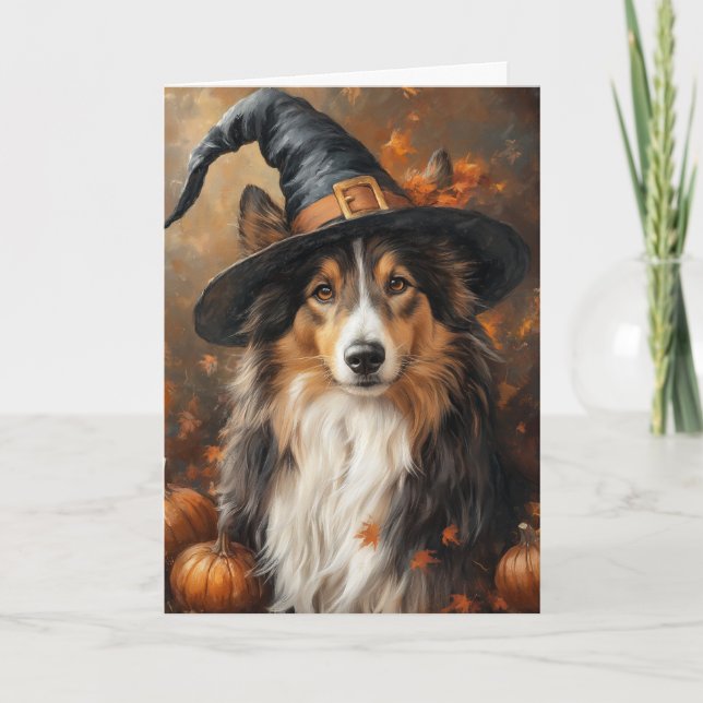Tri-Color Sheltie Witch Halloween Holiday Card (Front)