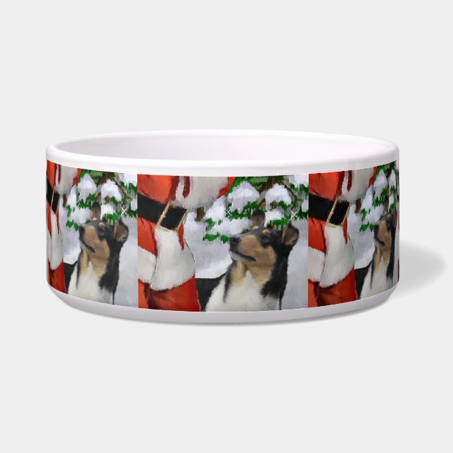 Tri Color Smooth Collie Christmas Dog Bowl (Front)