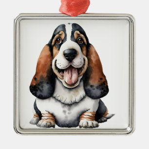TRI COLOR WATERCOLOR BASSET HOUND DOG METAL ORNAMENT