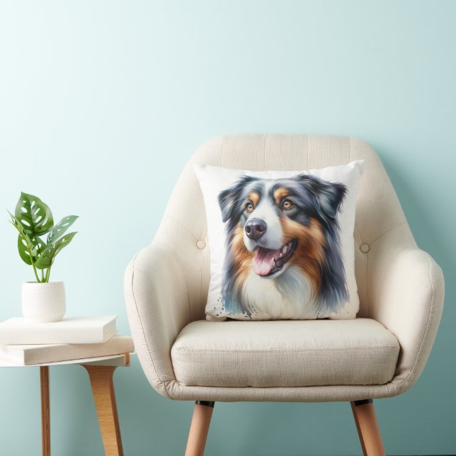 Tri-Colored Australian Shepherd Dog Throw Pillow (Chair)
