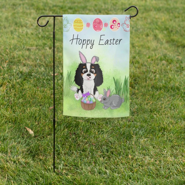 Tri Colored Cavalier King Charles Spaniel Easter Garden Flag (In SItu)