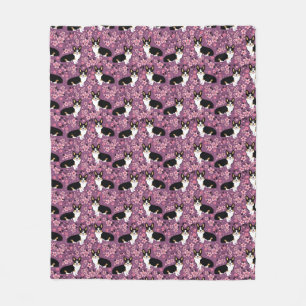 Tri Colored Corgi Cherry Blossoms - purple Fleece Blanket