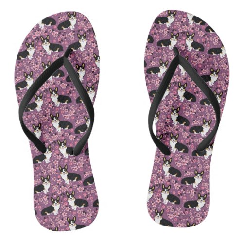 Tri Colored Corgi Cherry Blossoms _ purple Flip Flops