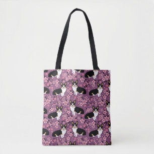 Tri Colored Corgi Cherry Blossoms - purple Tote Bag