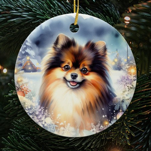 Tri Colored Pomeranian Dog Watercolor Christmas Ceramic Ornament