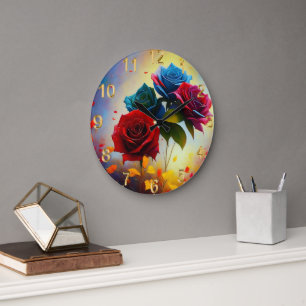 Tri Colored Roses On Autumns Day, Large Clock