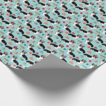 Tri Corgi Birthday Blue Wrapping Paper by FriendlyPets at Zazzle