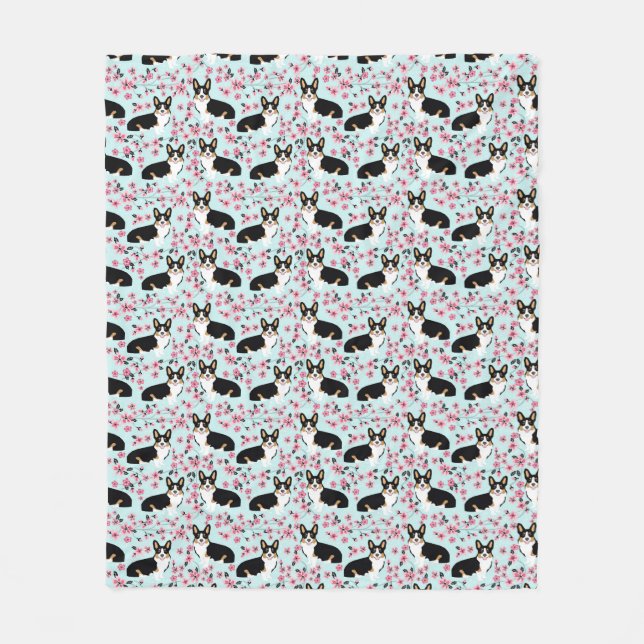 Tri Corgi Cherry Blossom - blue Fleece Blanket (Front)