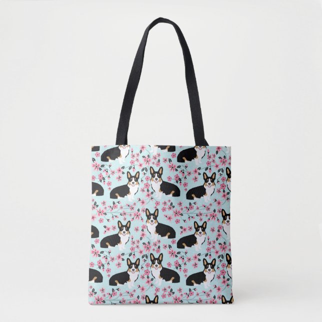 Tri Corgi Cherry Blossom - blue Tote Bag (Front)