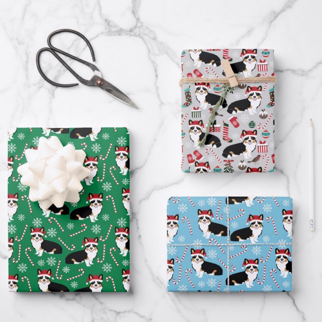 Tri Corgi Christmas Holiday Wrapping Paper Sheets (Front)