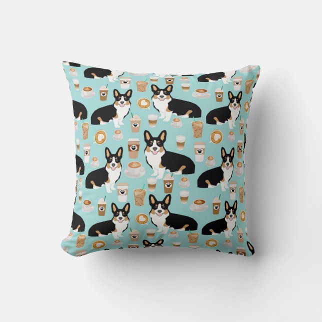 Tri Corgi Coffee - blue Throw Pillow (Front)