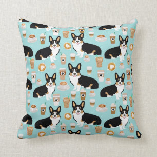 Tri Corgi Coffee - blue Throw Pillow