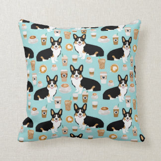 Tri Corgi Coffee - blue Throw Pillow