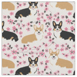 tri corgi dogs cherry blossoms pink fabric