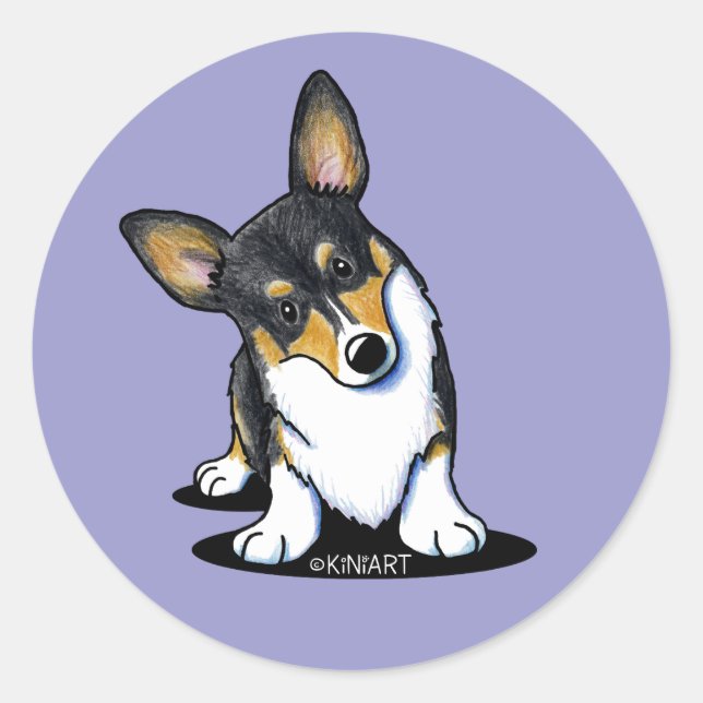 Tri Curious Corgi Classic Round Sticker (Front)