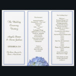 Tri-fold, Blue Hydrangea Wedding Program<br><div class="desc">Tri-fold wedding program. Add your own text to the templates provided on this letterhead size (8.5 by 11 inch) linen paper. Each section has a blue border with one blue hydrangea flowers at the bottom of the middle section. Template text is dark green. Will fold into thirds accordion style. Reverse...</div>