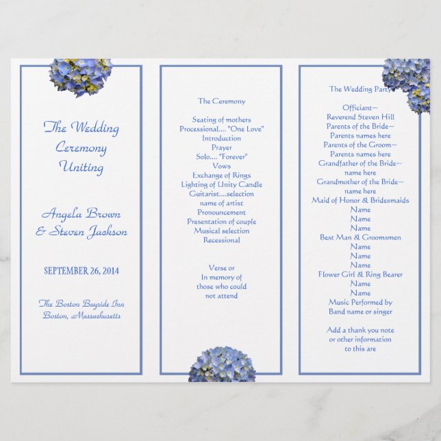 Tri-Fold Blue Wedding Ceremony Program (Front)