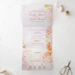 Tri-Fold Blush Rose All In One Wedding Invitation