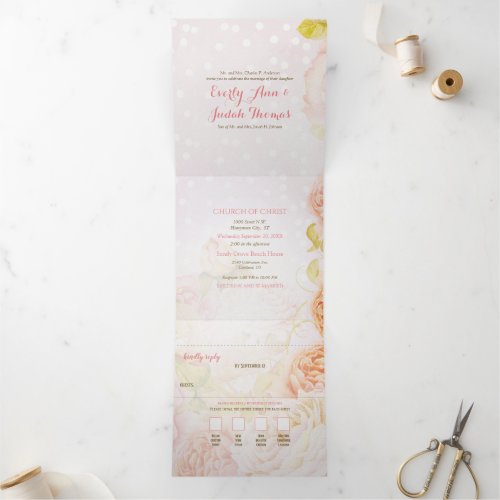 Tri_Fold Blush Rose All In One Wedding Invitation