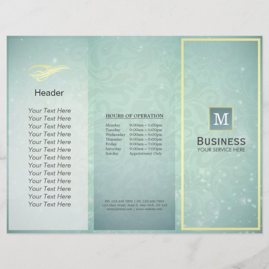 Tri-Fold Gold Blue Monogram Modern Salon Brochures (Front)