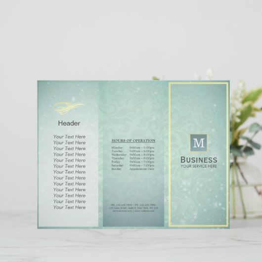 Tri-Fold Gold Blue Monogram Modern Salon Brochures (Standing Front)