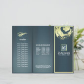 Tri-Fold Gold Blue Monogram Yoga Massage Brochures (Standing Front)