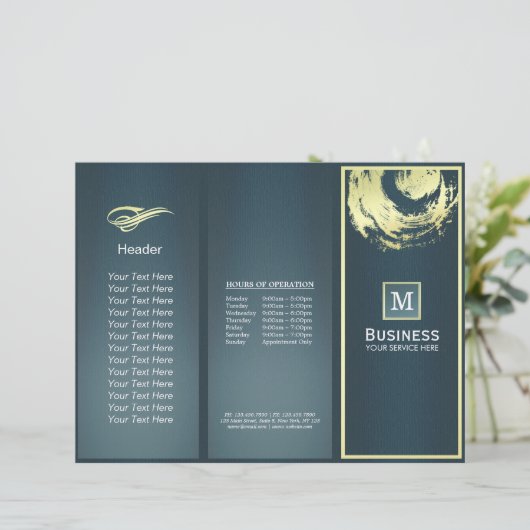 Tri-Fold Gold Blue Monogram Yoga Massage Brochures (Standing Front)
