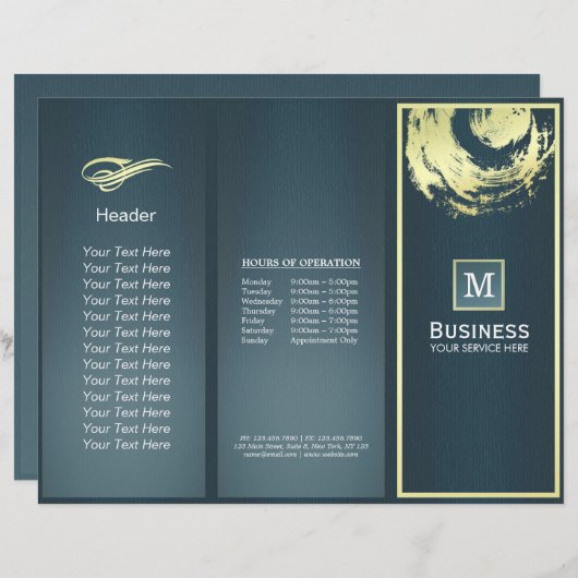 Tri-Fold Gold Blue Monogram Yoga Massage Brochures (Front/Back)