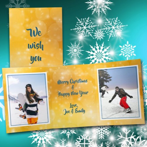 Tri_fold Gold Merry Christmas Double Photo Card