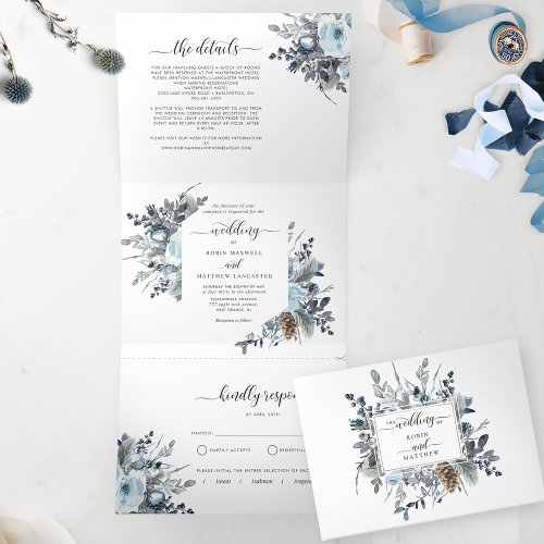 Tri_Fold Invitation with RSVP Blue Floral Wedding