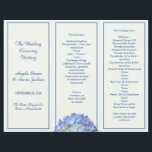 Tri-fold Pale Green Blue Hydrangea Wedding Program<br><div class="desc">Tri-fold wedding program in pale green with blue text and a blue hydrangea flower design.  Fold into thirds after purchase with each section having a blue line border.  Reverse is solid light green.</div>