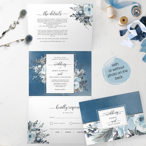 Tri_Fold Wedding Invitation with RSVP Blue Floral