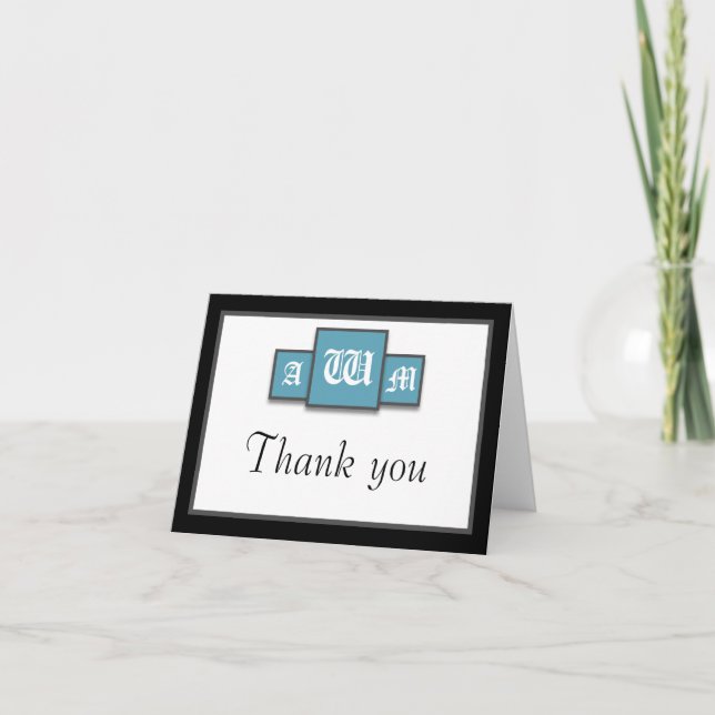 Tri-Monogram Blue Modern Thank You Notecards (Front)