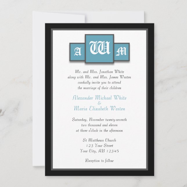 Tri-Monogram Blue Modern Wedding Invitations (Front)