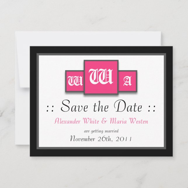 Tri-Monogram Fuchsia Modern Wedding Save the Dates Invitation (Front)