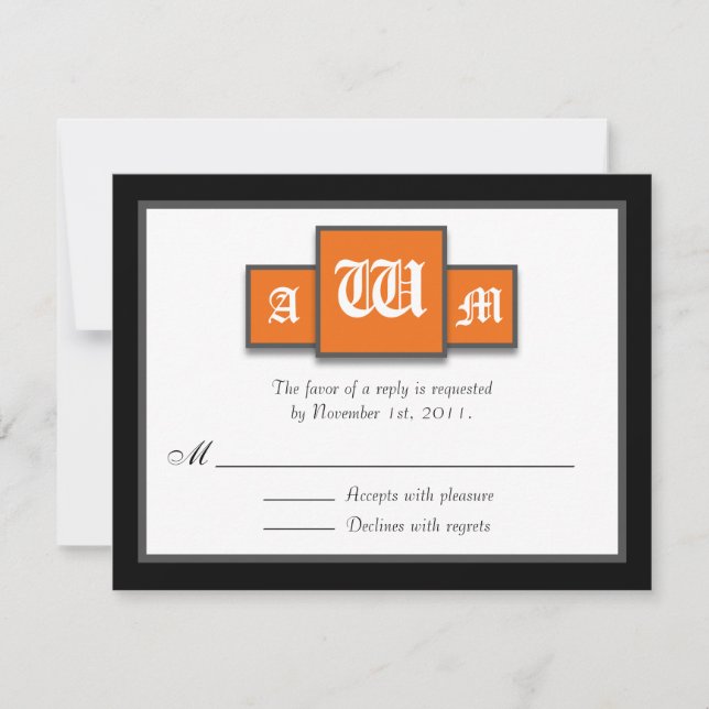 Tri-Monogram Orange Modern Reply / RSVP Cards (Front)