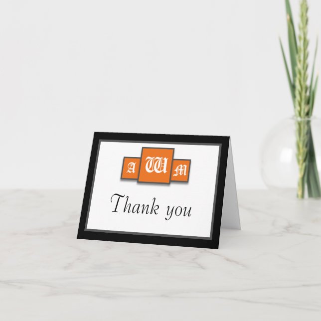 Tri-Monogram Orange Modern Thank You Notecards (Front)