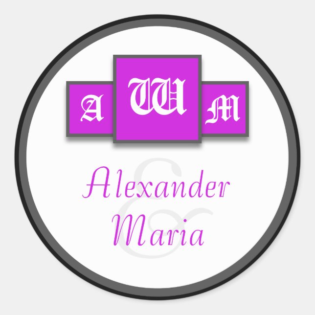 Tri-Monogram Purple Modern Wedding Stickers/Seals Classic Round Sticker (Front)