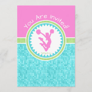 Tri-Pastel Color Cheerleading With Aqua Tile Invitation